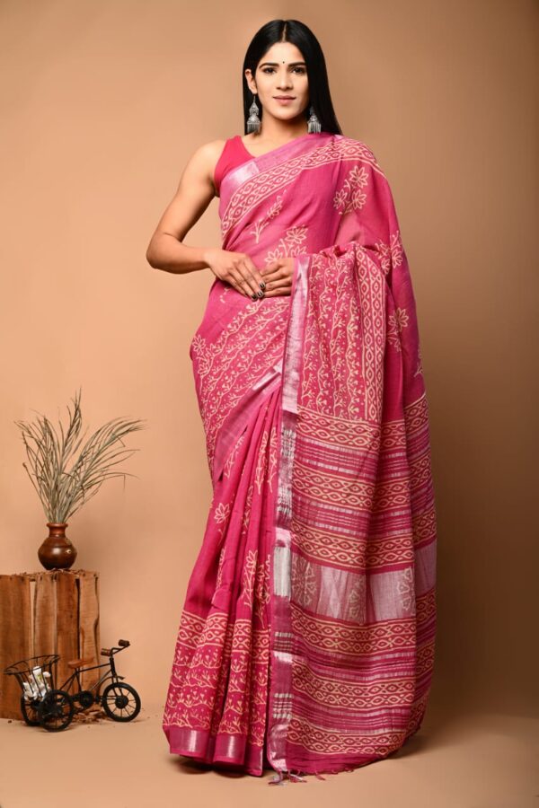 Hand Block Printed Pink Linen Saree