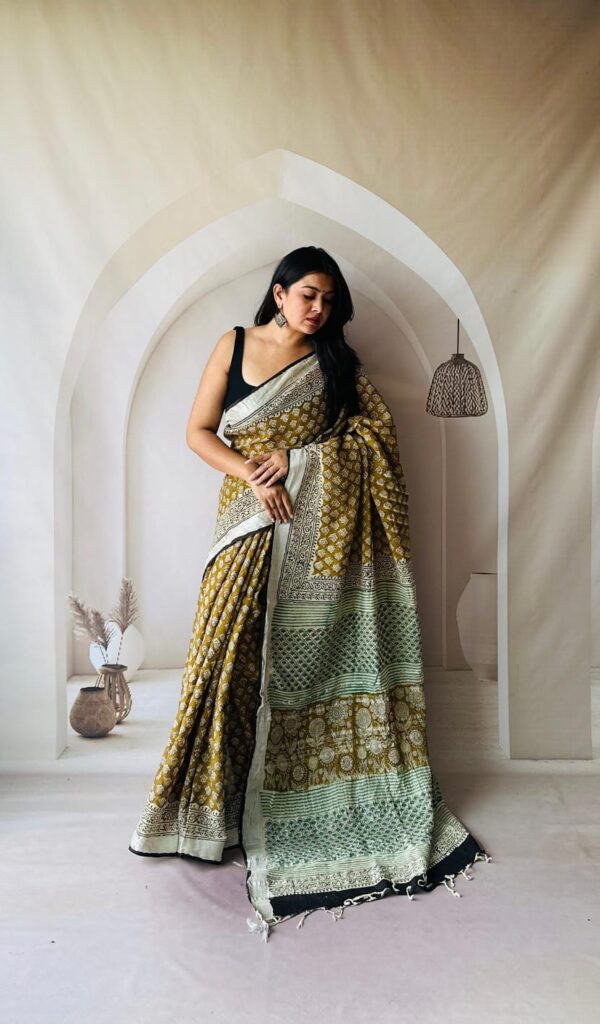 Hand Block Printed Linen Saree