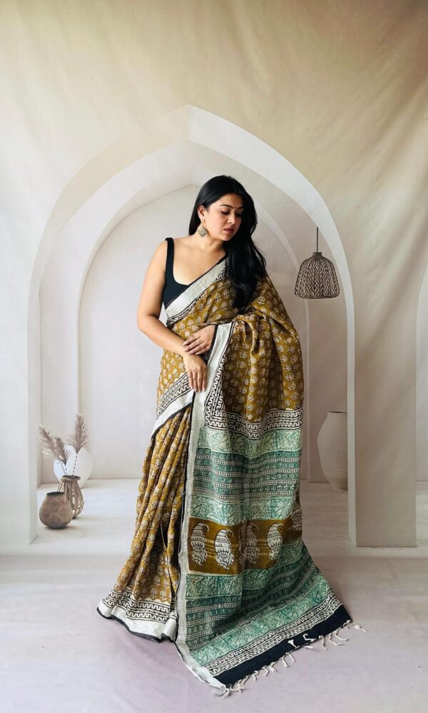 Hand Block Printed Linen Saree