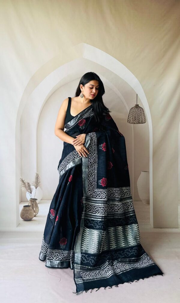 Hand Block Printed Linen Saree