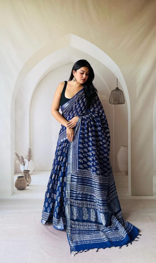 Hand Block Printed Linen Saree